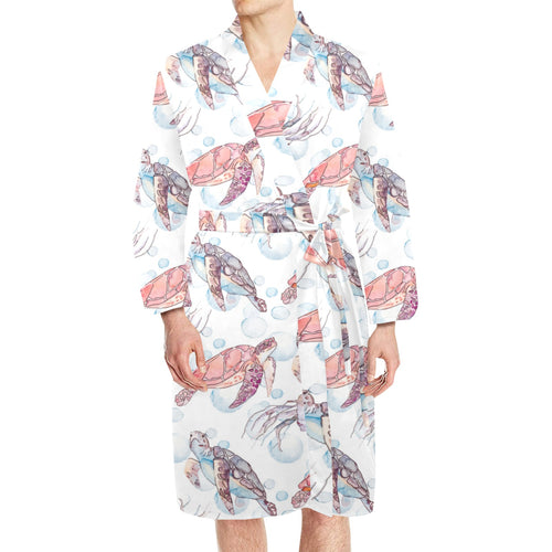 Watercolor sea turtle jellyfish pattern Men's Long Sleeve Belted Night Robe