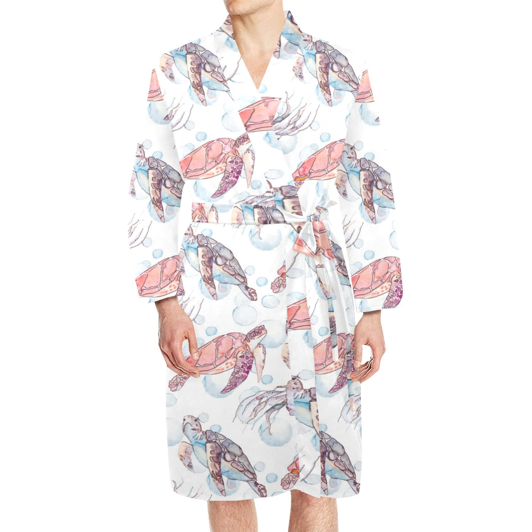 Watercolor sea turtle jellyfish pattern Men's Long Sleeve Belted Night Robe