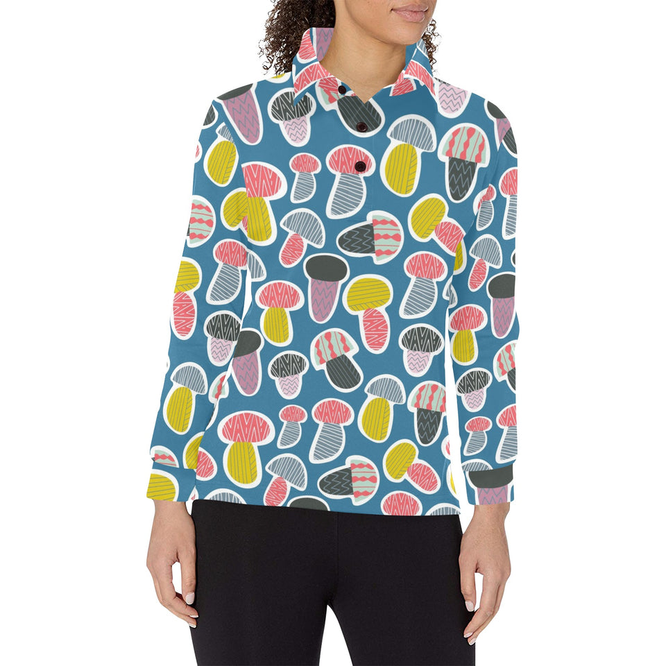 Colorful mushroom design pattern Women's Long Sleeve Polo Shirt