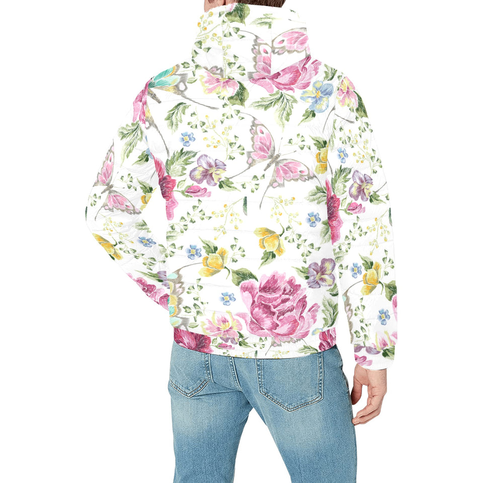 Hand drawn butterfly rose Men's Padded Hooded Jacket