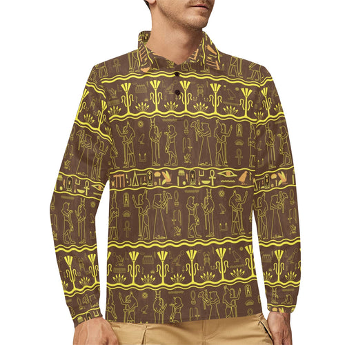 Egypt Hieroglyphics Pattern Print Design 03 Men's Long Sleeve Polo Shirt