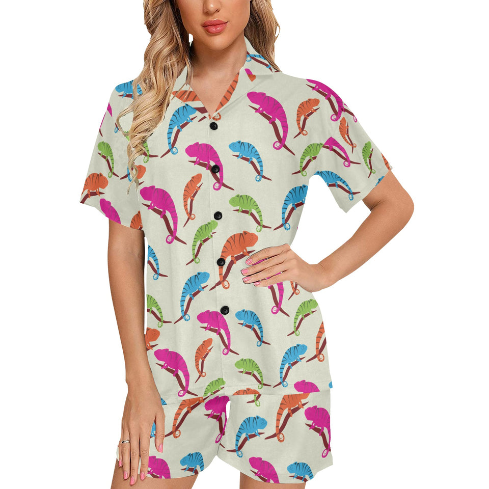 Colorful Chameleon lizard pattern Women's V-Neck Short Pajama Set