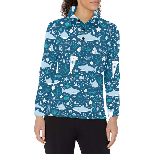Cute shark pattern Women's Long Sleeve Polo Shirt