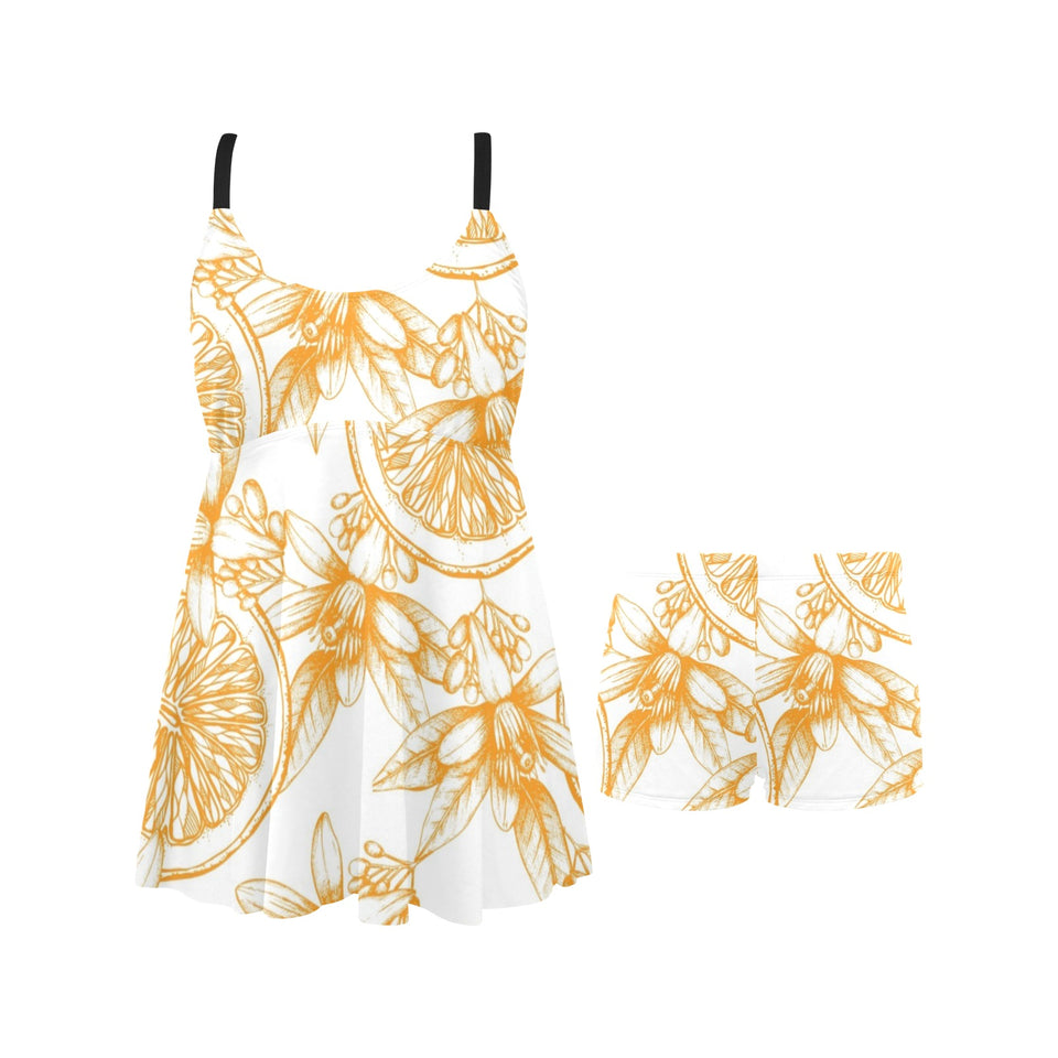 hand drawn orange fruit pattern Chest Sexy Pleated Two Piece Swim Dress