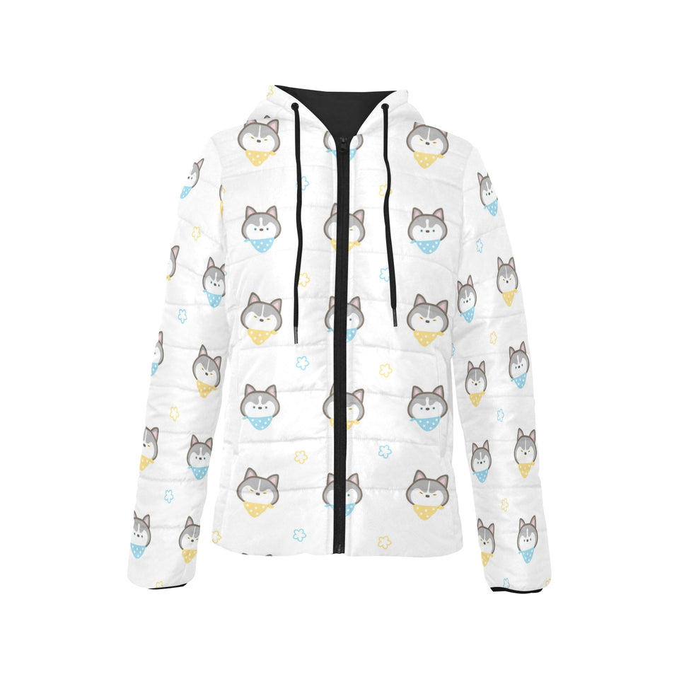 Cute Siberian Husky pattern Women's Padded Hooded Jacket