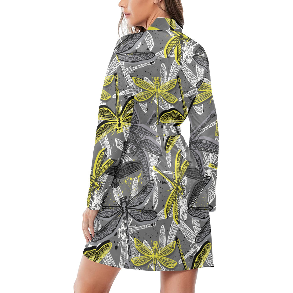 Hand drawn dragonfly pattern Women's Long Sleeve Belted Night Robe