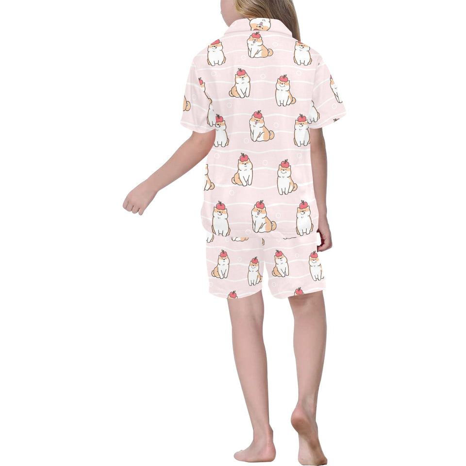Cute Shiba Inu Dog Apple pattern Kids' Boys' Girls' V-Neck Short Pajama Set