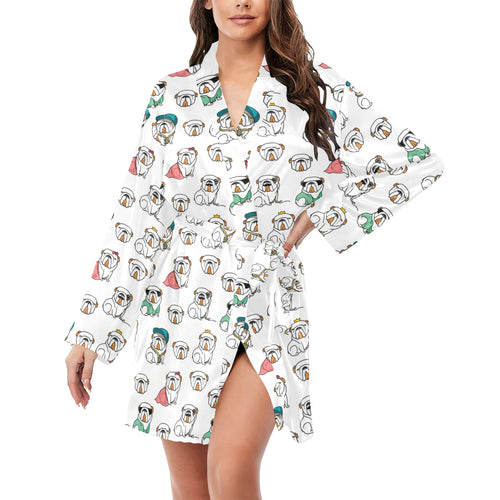 English Bulldog Pattern Print Design 03 Women's Long Sleeve Belted Night Robe