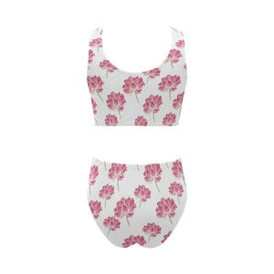 Pink lotus waterlily pattern Chest Bowknot High Waisted Bikini Swimsuit