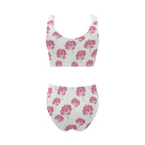 Pink lotus waterlily pattern Chest Bowknot High Waisted Bikini Swimsuit