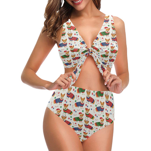 Corgi Christmas Pattern Chest Bowknot High Waisted Bikini Swimsuit