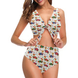 Corgi Christmas Pattern Chest Bowknot High Waisted Bikini Swimsuit