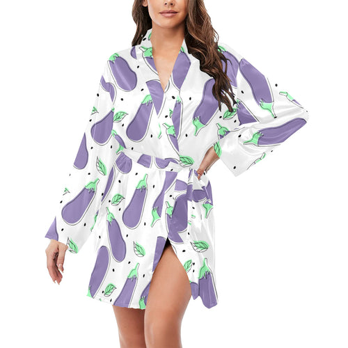 Eggplant Pattern Print Design 05 Women's Long Sleeve Belted Night Robe