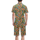 Colorful papaya tropical leaves Men's V-Neck Short Pajama Set