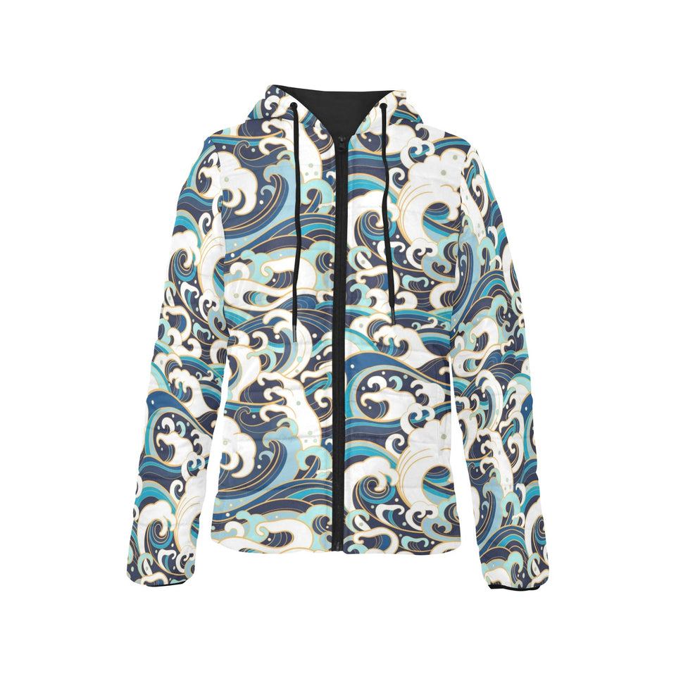 Japanese wave pattern Women's Padded Hooded Jacket