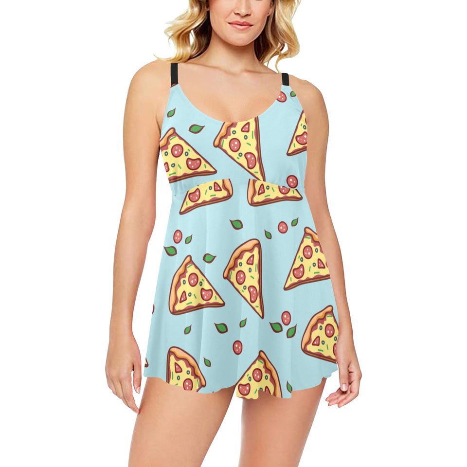 Hand drawn pizza blue background Chest Sexy Pleated Two Piece Swim Dress