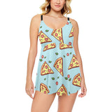Hand drawn pizza blue background Chest Sexy Pleated Two Piece Swim Dress