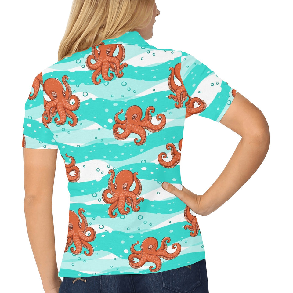 Octopuses sea wave background Women's All Over Print Polo Shirt