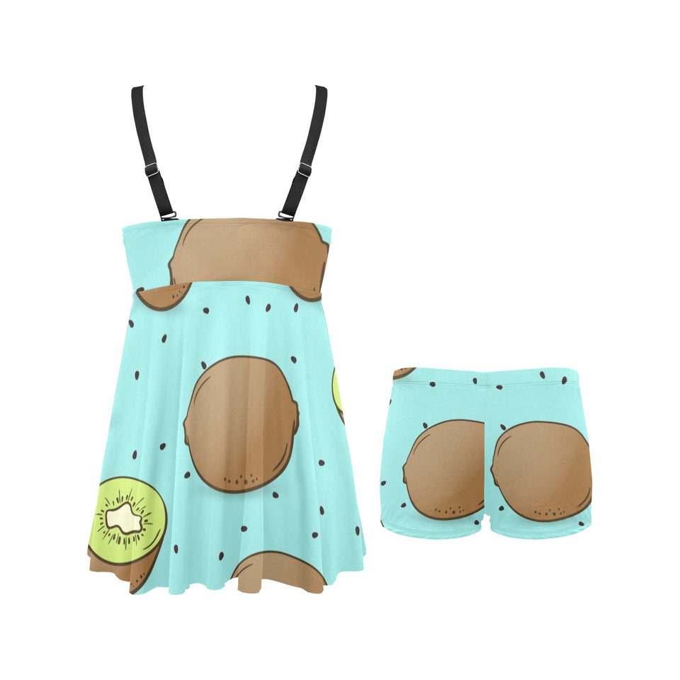 Kiwi blue background Chest Sexy Pleated Two Piece Swim Dress