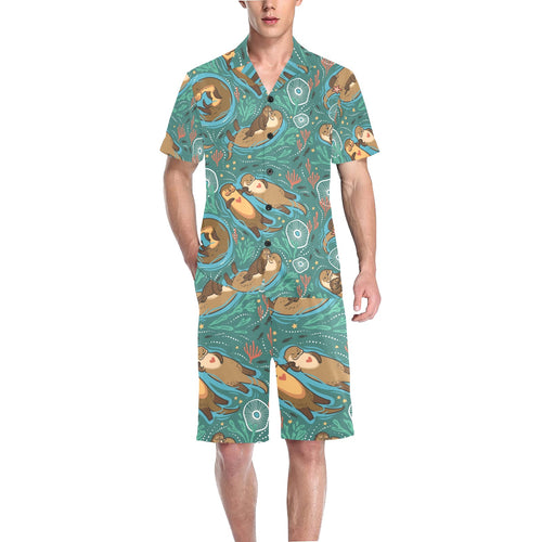 cute brown sea otters ornamental seaweed corals gr Men's V-Neck Short Pajama Set