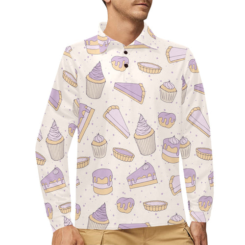 Cakes pies tarts muffins and eclairs purple bluebe Men's Long Sleeve Polo Shirt