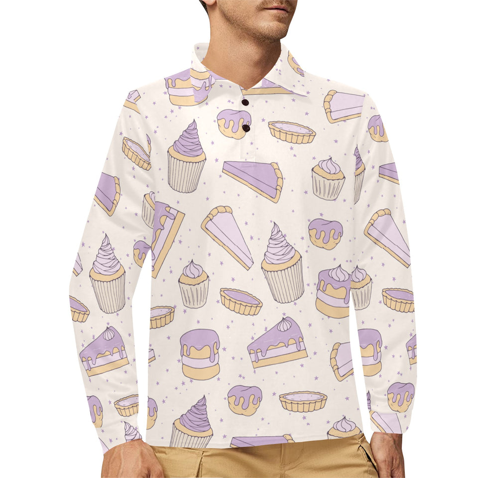 Cakes pies tarts muffins and eclairs purple bluebe Men's Long Sleeve Polo Shirt