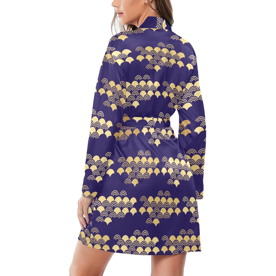 Beautiful japanese fan pattern Women's Long Sleeve Belted Night Robe