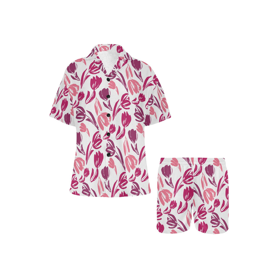 pink sketch tulip pattern Women's V-Neck Short Pajama Set