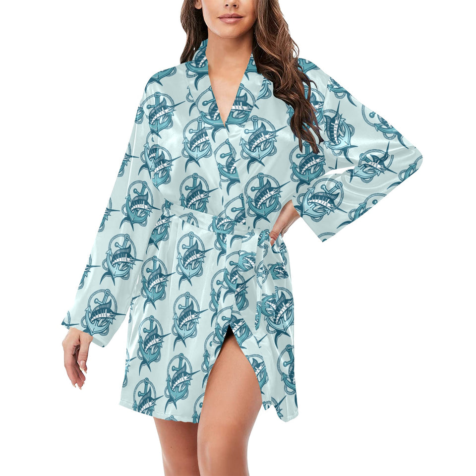 Swordfish Pattern Print Design 05 Women's Long Sleeve Belted Night Robe