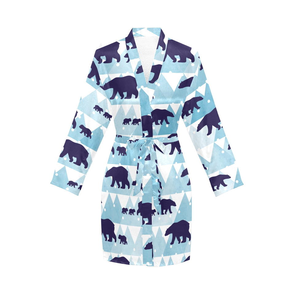 polar bear winter snow pattern Women's Long Sleeve Belted Night Robe