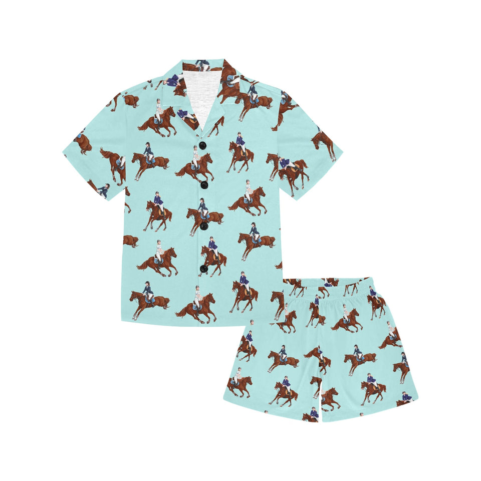 Horses running horses rider pattern Kids' Boys' Girls' V-Neck Short Pajama Set