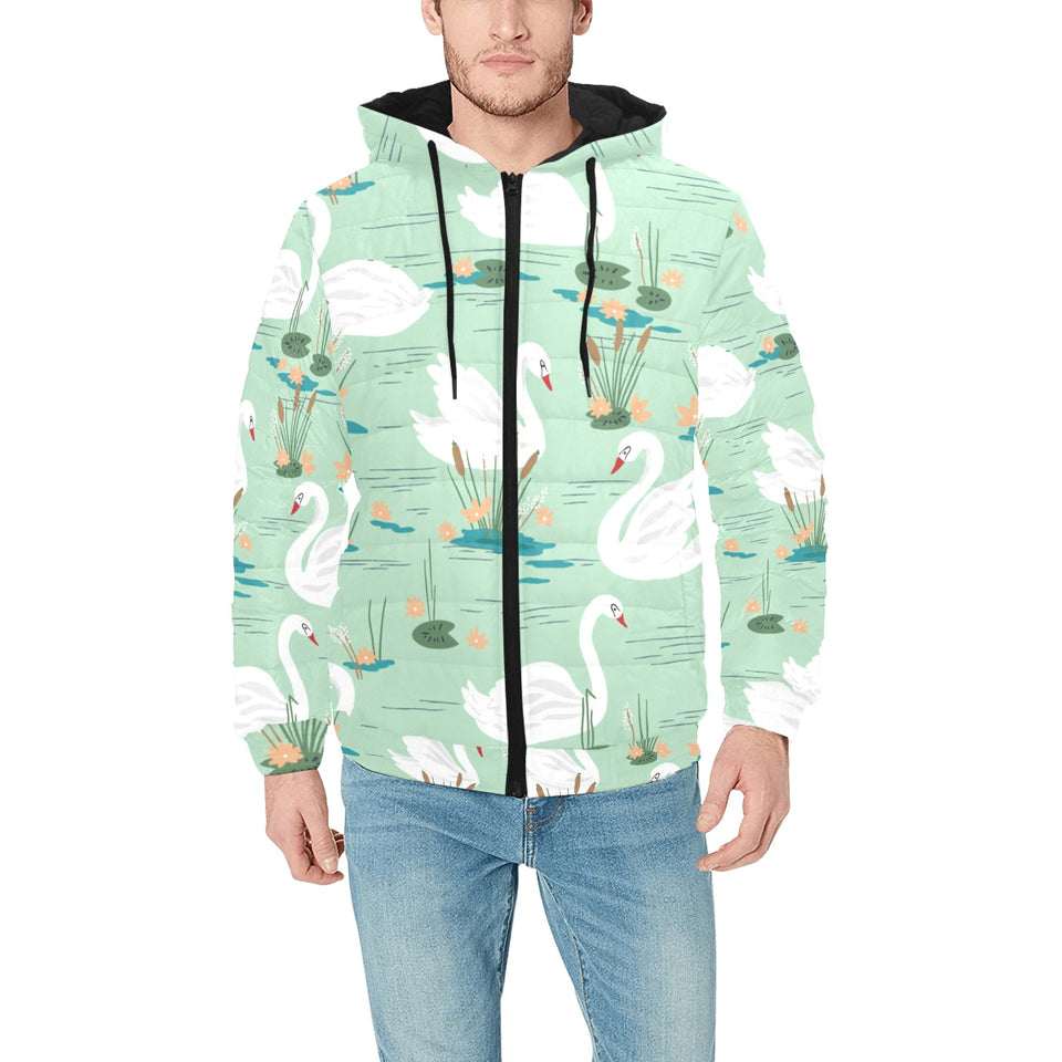 White swan lake pattern Men's Padded Hooded Jacket