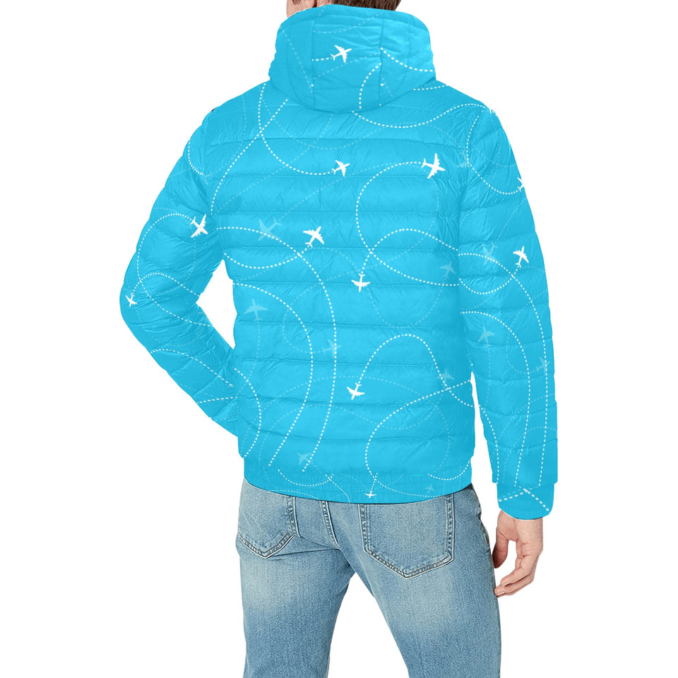 Airplane destinations blue background Men's Padded Hooded Jacket