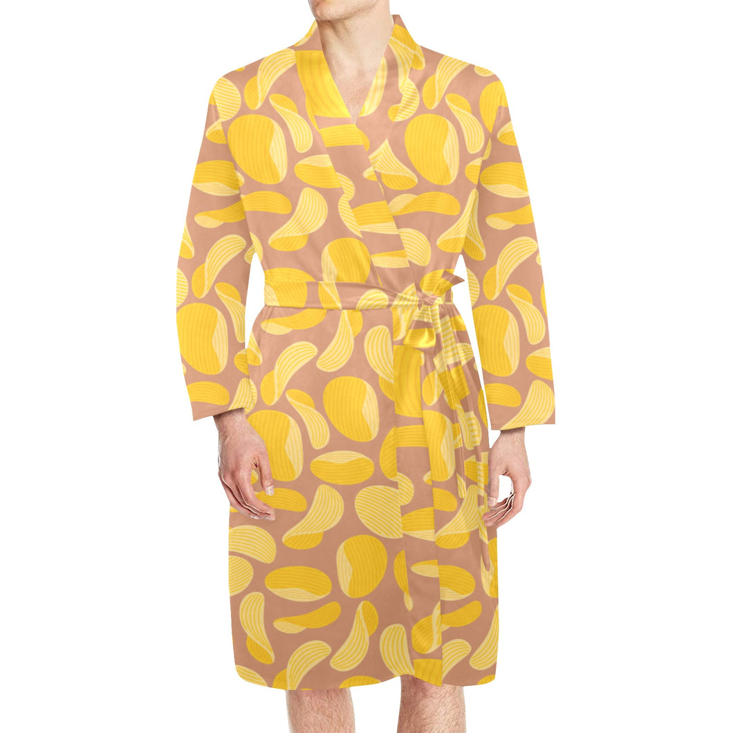 Potato Chips Pattern Print Design 01 Men's Long Sleeve Belted Night Robe