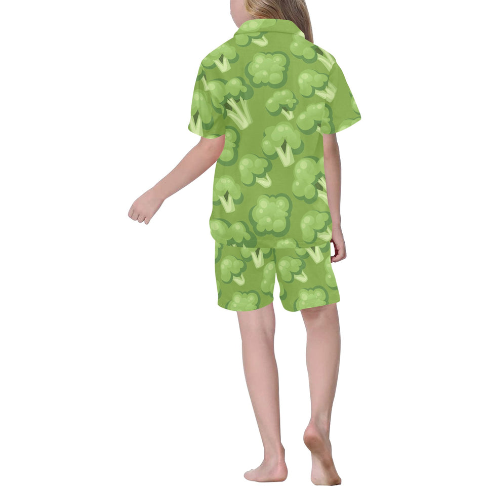 Broccoli pattern green background Kids' Boys' Girls' V-Neck Short Pajama Set