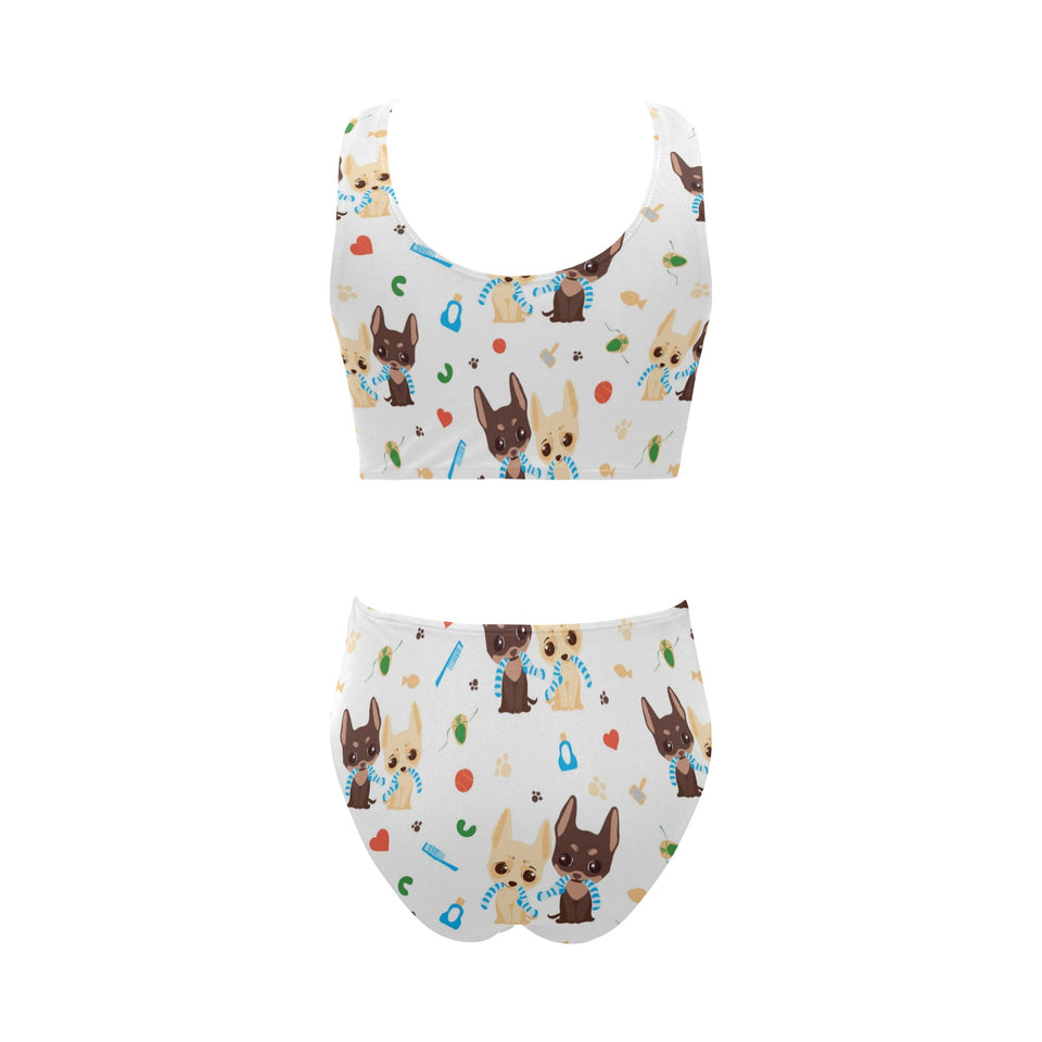 Cute Chihuahua dog pattern Chest Bowknot High Waisted Bikini Swimsuit