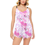 Pink flamingo flower pattern Chest Sexy Pleated Two Piece Swim Dress