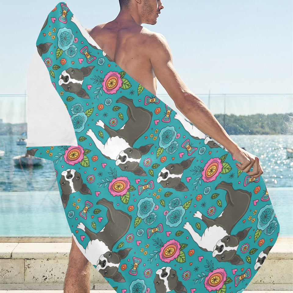 Boston terrier beautiful flower pattern Beach Towel