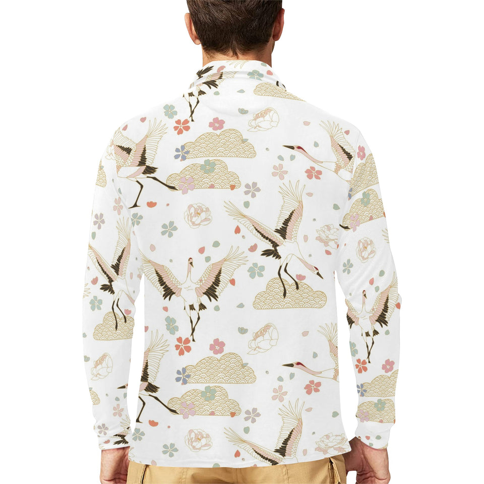 Beautiful Japanese cranes pattern Men's Long Sleeve Polo Shirt