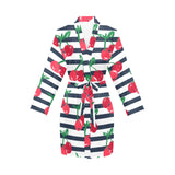 Hand drawn cherry pattern striped background Women's Long Sleeve Belted Night Robe