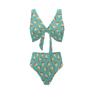 Sandwich Pattern Print Design 03 Chest Bowknot High Waisted Bikini Swimsuit
