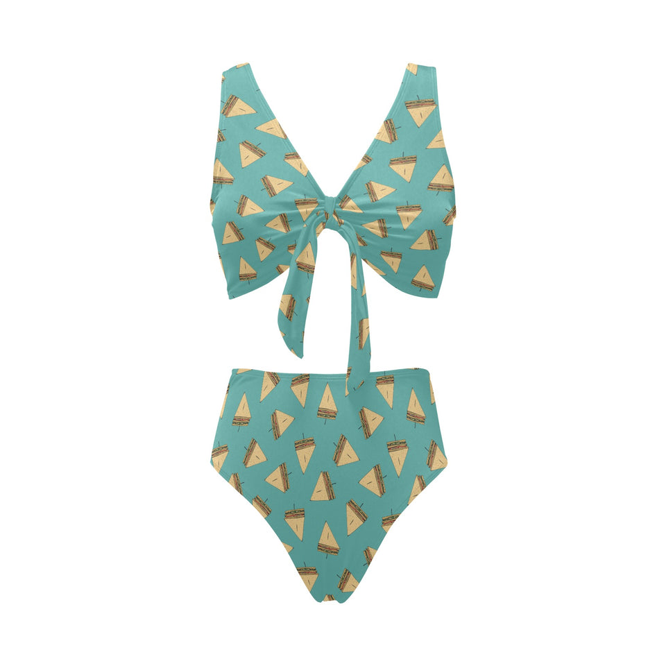 Sandwich Pattern Print Design 03 Chest Bowknot High Waisted Bikini Swimsuit