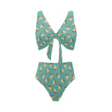 Sandwich Pattern Print Design 03 Chest Bowknot High Waisted Bikini Swimsuit