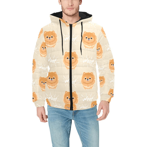 Cute brown pomeranian puppy on blue Men's Padded Hooded Jacket
