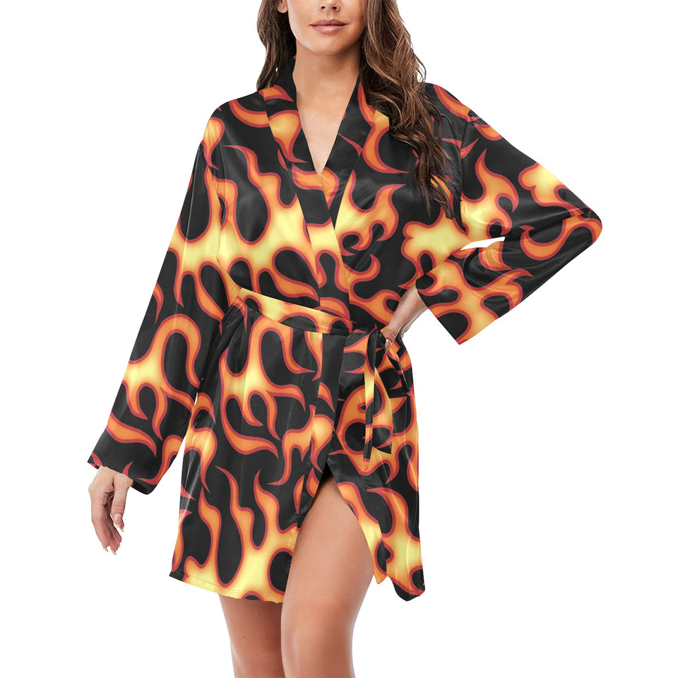 Fire flame dark pattern Women's Long Sleeve Belted Night Robe