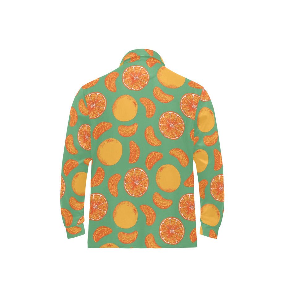 orange fruit pattern green background Men's Long Sleeve Polo Shirt