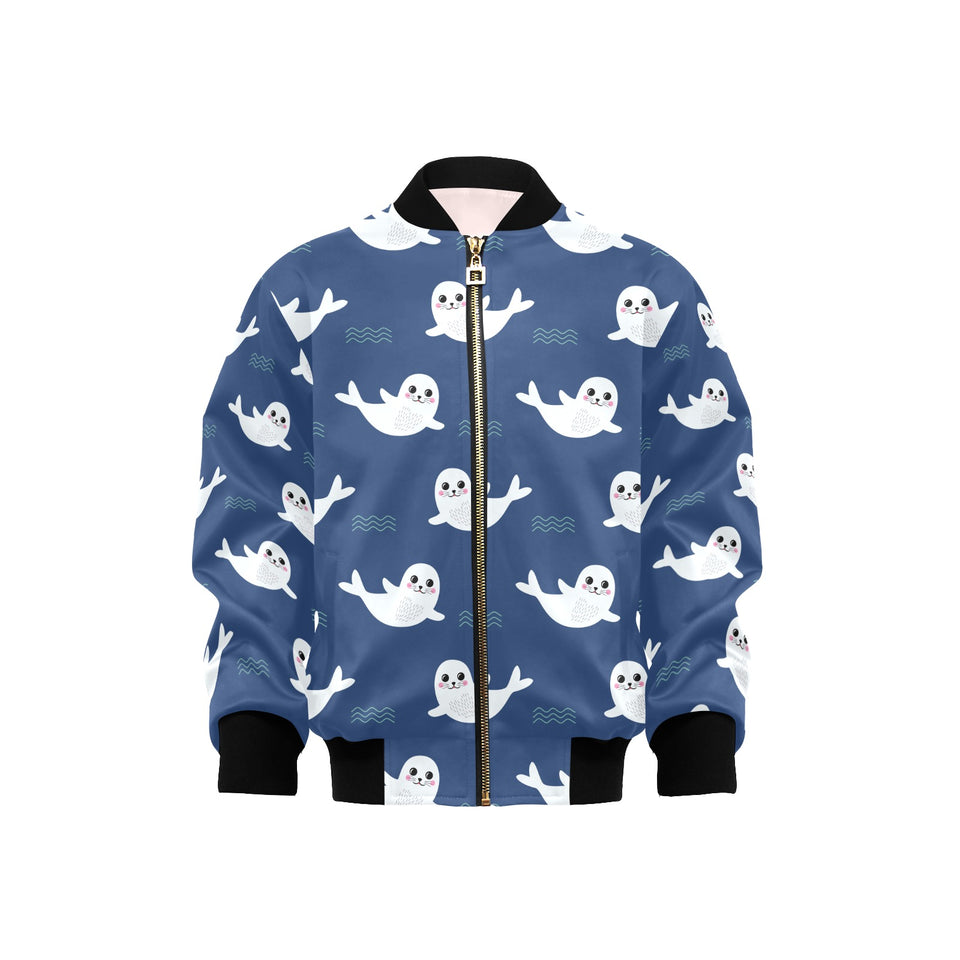 Cute white baby sea lion seal pattern Kids' Boys' Girls' Bomber Jacket
