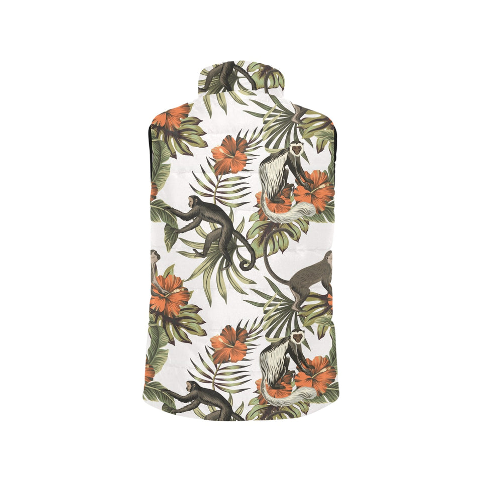 Monkey red hibiscus flower palm leaves floral patt Women's Padded Vest