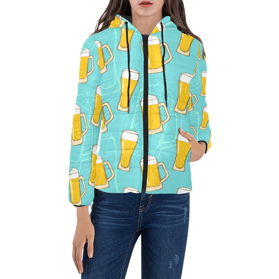 Beer pattern green background Women's Padded Hooded Jacket
