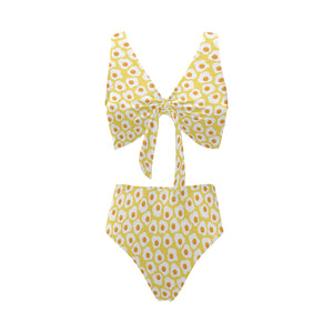 Fried Eggs Pattern Print Design 05 Chest Bowknot High Waisted Bikini Swimsuit